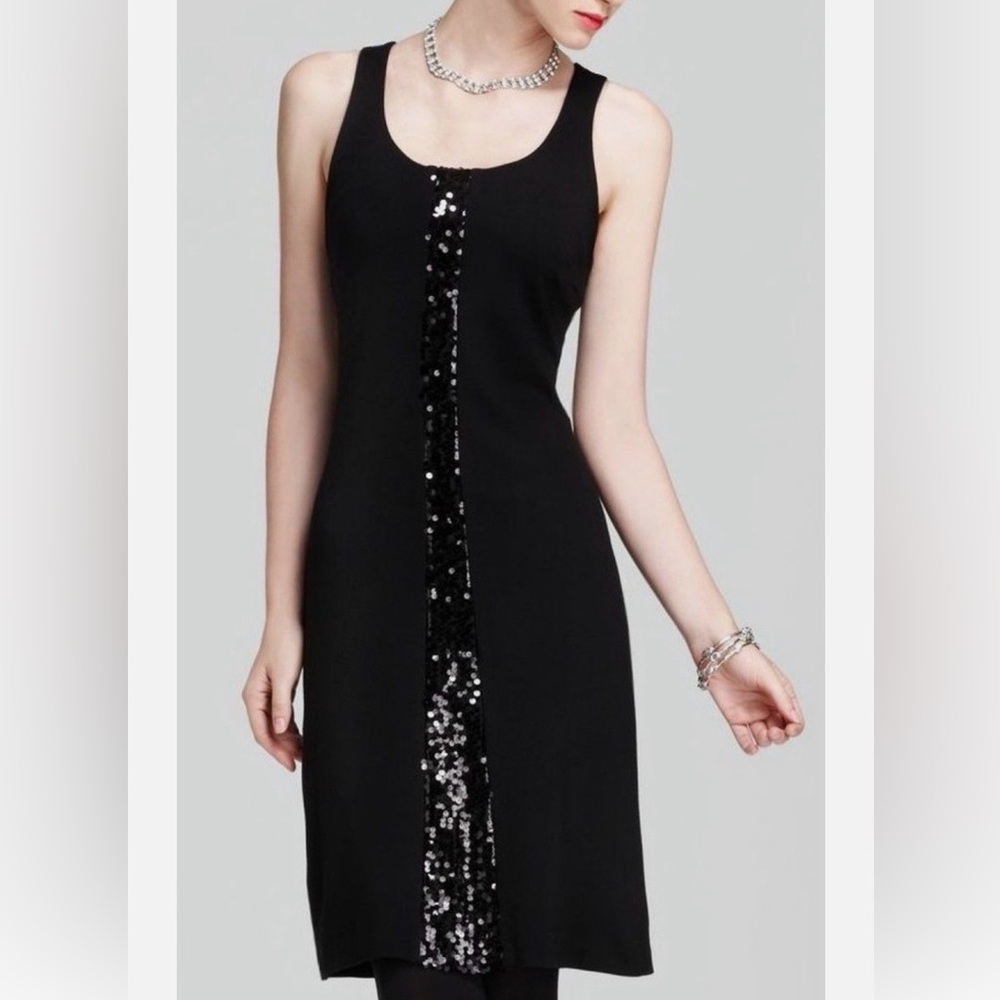 Karen Kane Tracy Black Stretch Ponte Sheath Dress w/Sequin Panel